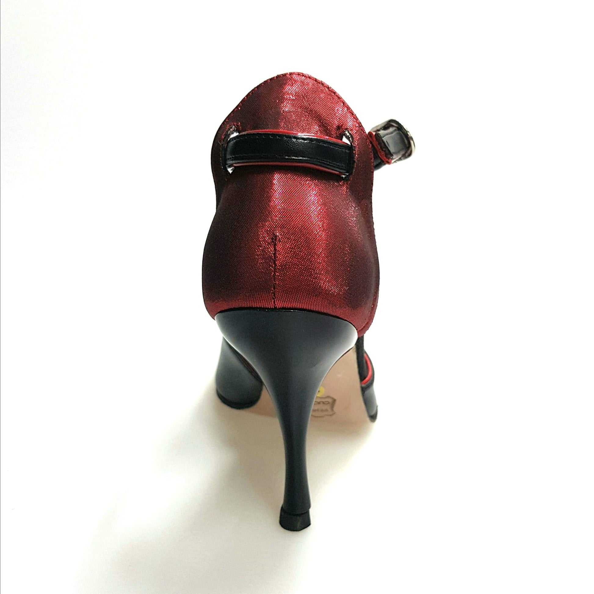 Scarpa da donna Wishdance ELIDE in pelle nera con tacco alto e dettagli in lurex rosso.