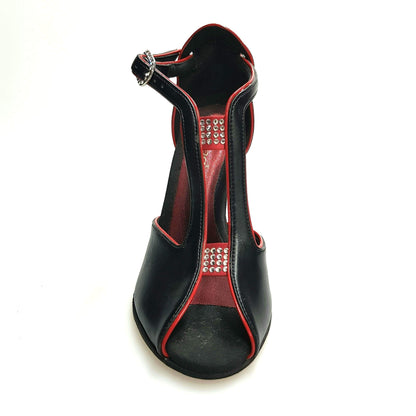 Scarpa da donna Wishdance in pelle nera con tallone in lurex rosso, elegante e sofisticata.