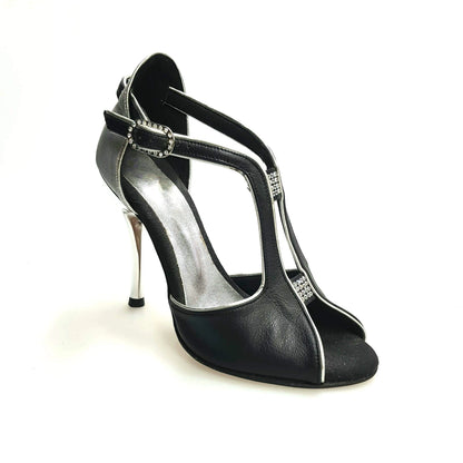 Scarpa da donna Wishdance ELIDE in pelle nera e lurex argento, con design elegante e dettagli lucidi.