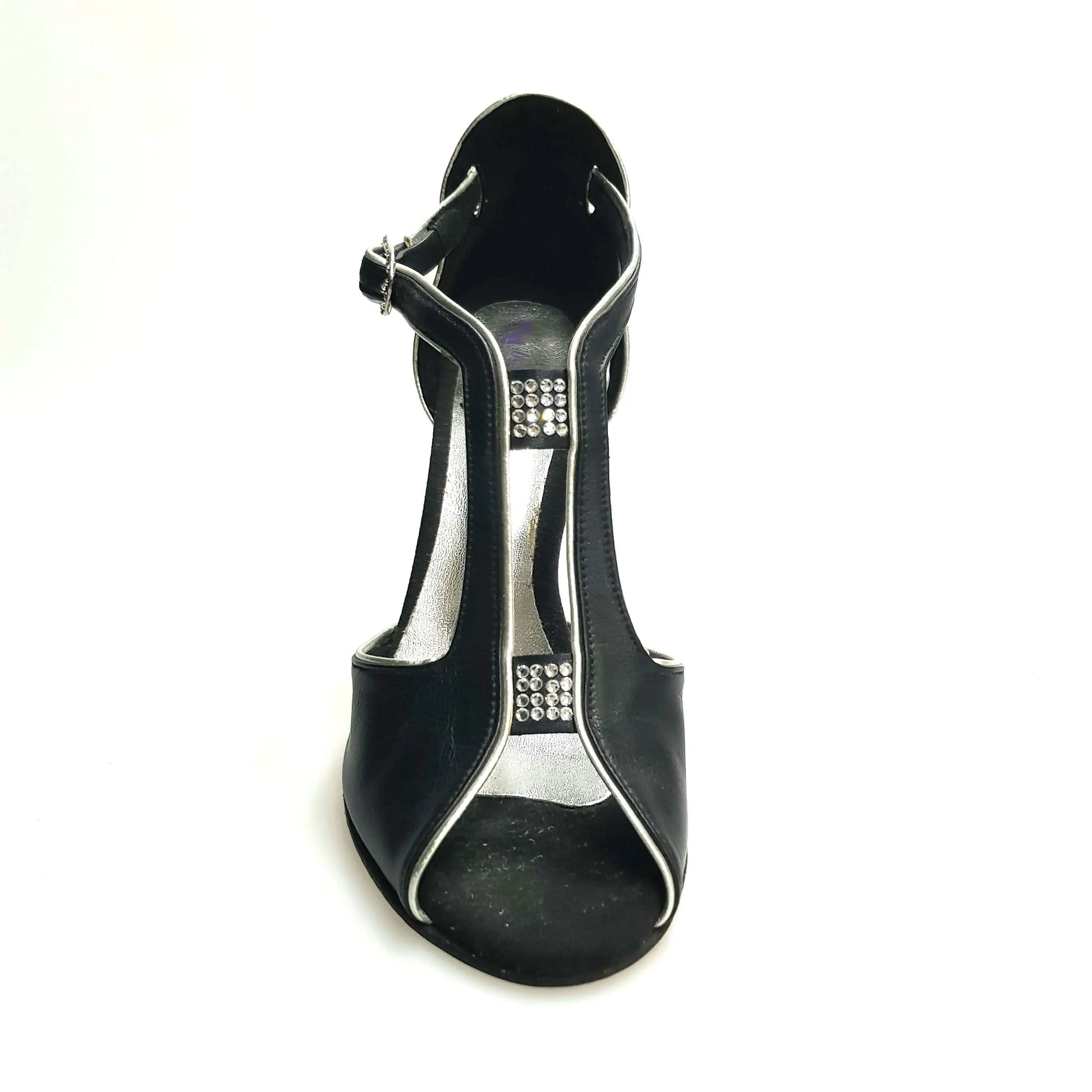 Scarpa da donna Wishdance ELIDE in pelle nera con dettagli lurex argento, elegante e alla moda.
