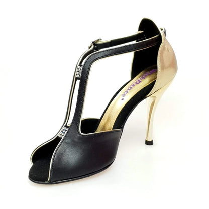 Scarpa donna Wishdance ELIDE (401) in pelle nera con dettagli in lurex oro, elegante e sofisticata.