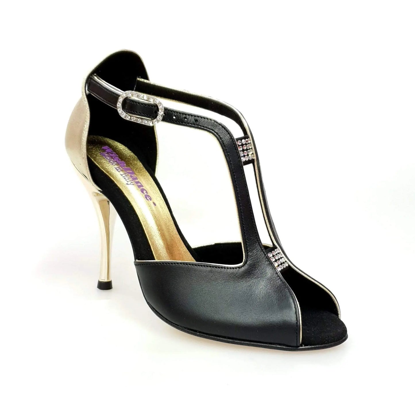 Scarpa da donna Wishdance ELIDE (401) in pelle nera con dettagli in lurex oro, elegante e raffinata.