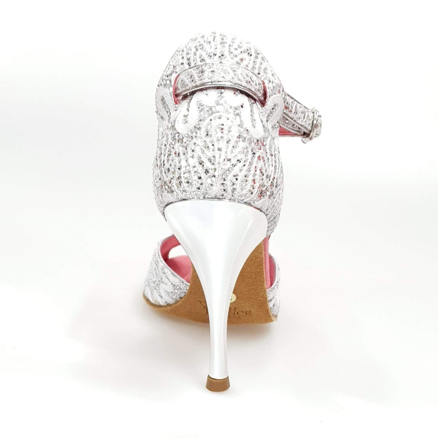 Scarpa da donna Sophie (401) in pizzo bianco con tallone in glitter argento e tacco a spillo laminato, stile elegante e femminile