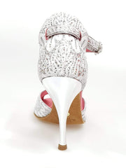 Carica immagine nella Galleria, Sophie (401) - Sandalo da Donna in Pizzo Bianco con Tallone in Glitter Argento tacco a Spillo laminato Argento
