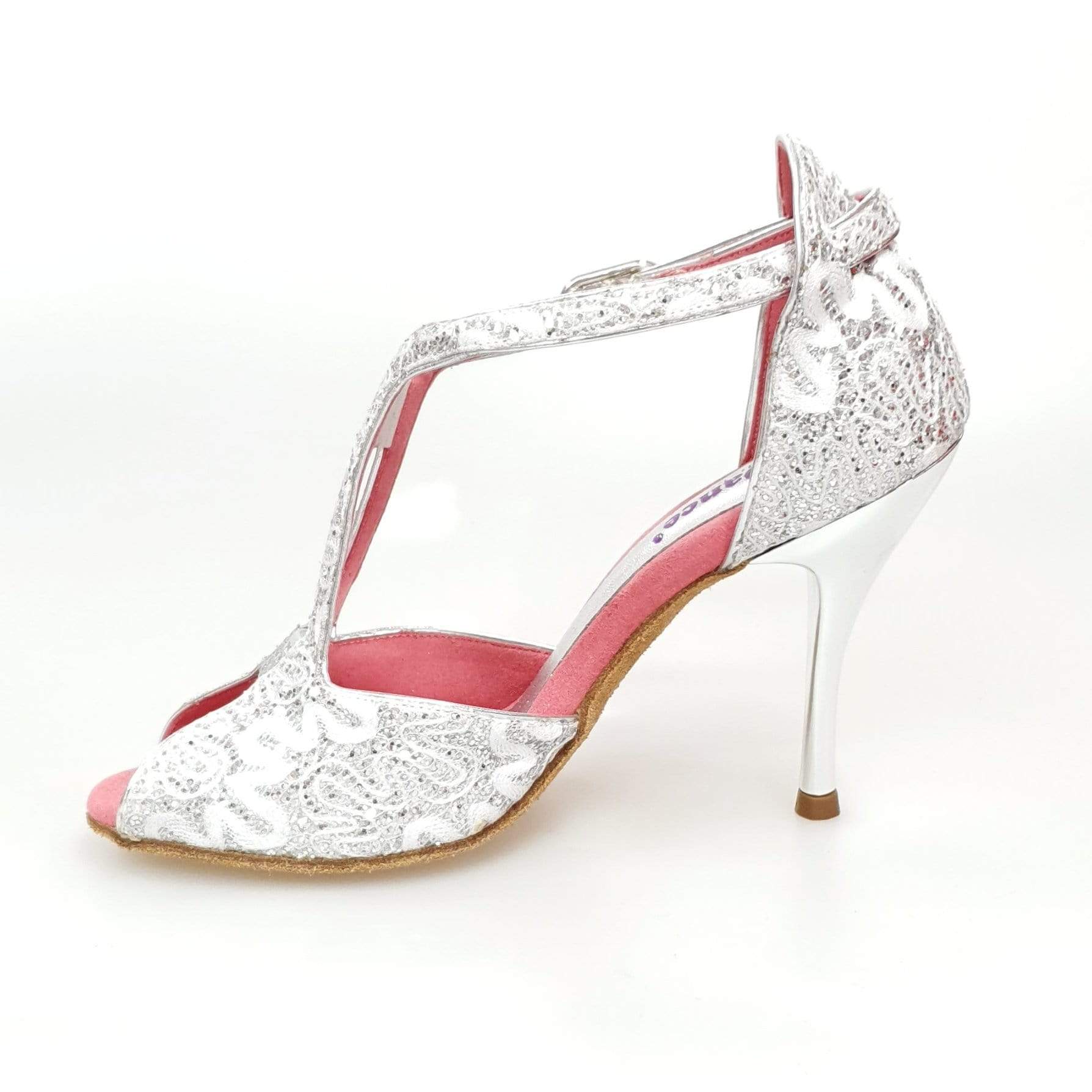 Sandalo da donna Sophie (401) in pizzo bianco con tallone in glitter argento e tacco a spillo laminato argento, scarpa elegante.