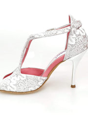 Carica immagine nella Galleria, Sophie (401) - Sandalo da Donna in Pizzo Bianco con Tallone in Glitter Argento tacco a Spillo laminato Argento
