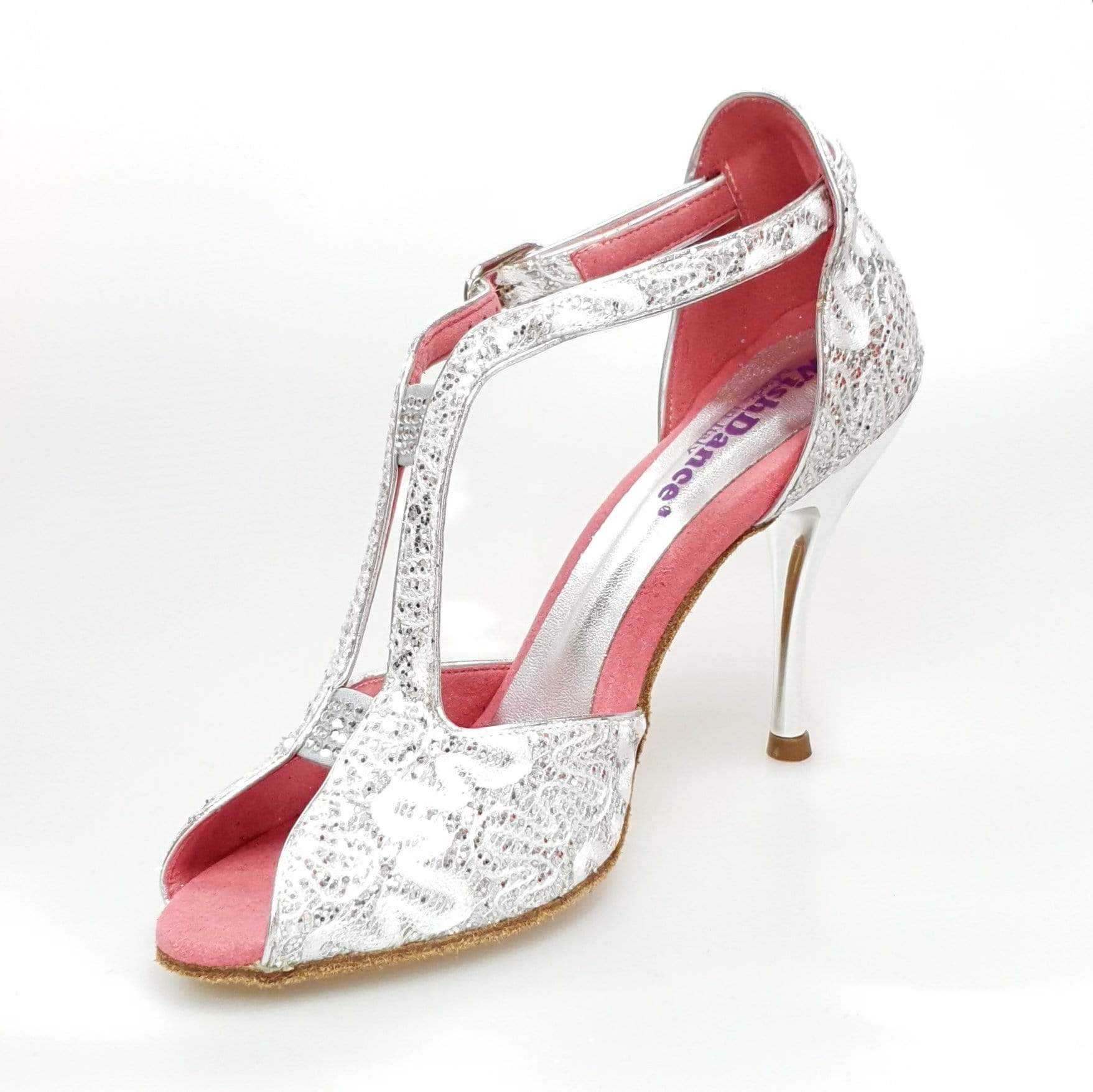Scarpa da donna Sophie in pizzo bianco con tallone in glitter argento, tacco a spillo laminato, elegante e femminile.
