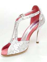 Carica immagine nella Galleria, Sophie (401) - Sandalo da Donna in Pizzo Bianco con Tallone in Glitter Argento tacco a Spillo laminato Argento
