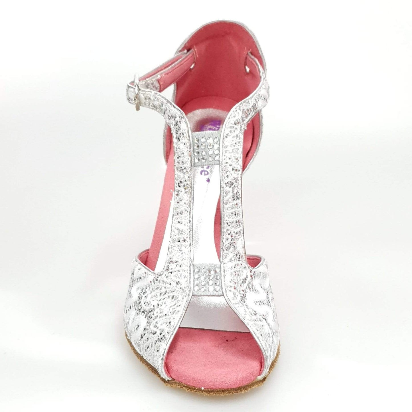 Scarpa da donna Sophie (401) in pizzo bianco con tacco a spillo laminato argento e dettaglio in glitter argento.