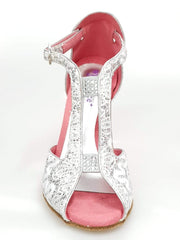 Carica immagine nella Galleria, Sophie (401) - Sandalo da Donna in Pizzo Bianco con Tallone in Glitter Argento tacco a Spillo laminato Argento
