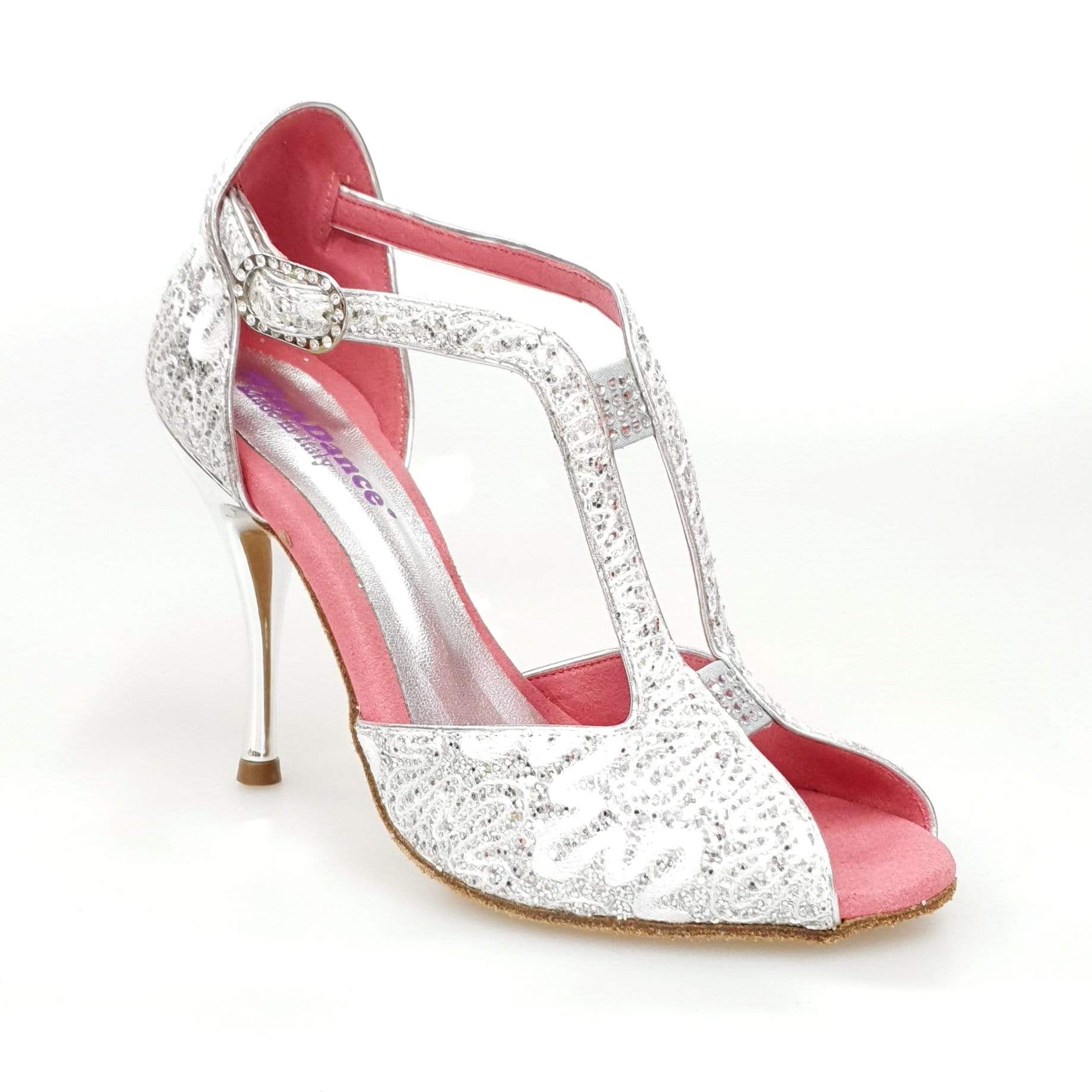 Scarpa da donna Sophie (401) Wish Dance Shop, sandalo bianco in pizzo con tacco a spillo in glitter argento laminato.