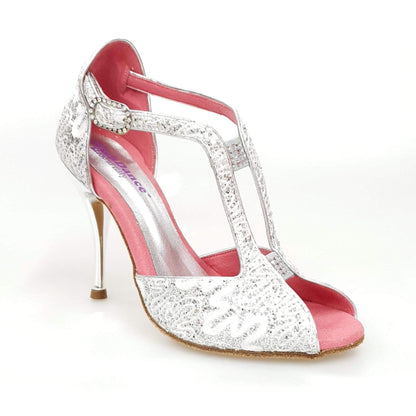 Scarpa da donna Sophie (401) Wish Dance Shop, sandalo bianco in pizzo con tacco a spillo in glitter argento laminato.
