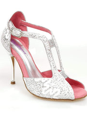 Carica immagine nella Galleria, Sophie (401) - Sandalo da Donna in Pizzo Bianco con Tallone in Glitter Argento tacco a Spillo laminato Argento
