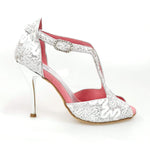 Load image into Gallery viewer, Sophie (401) - Sandalo da Donna in Pizzo Bianco con Tallone in Glitter Argento tacco a Spillo laminato Argento
