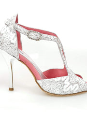 Carica immagine nella Galleria, Sophie (401) - Sandalo da Donna in Pizzo Bianco con Tallone in Glitter Argento tacco a Spillo laminato Argento
