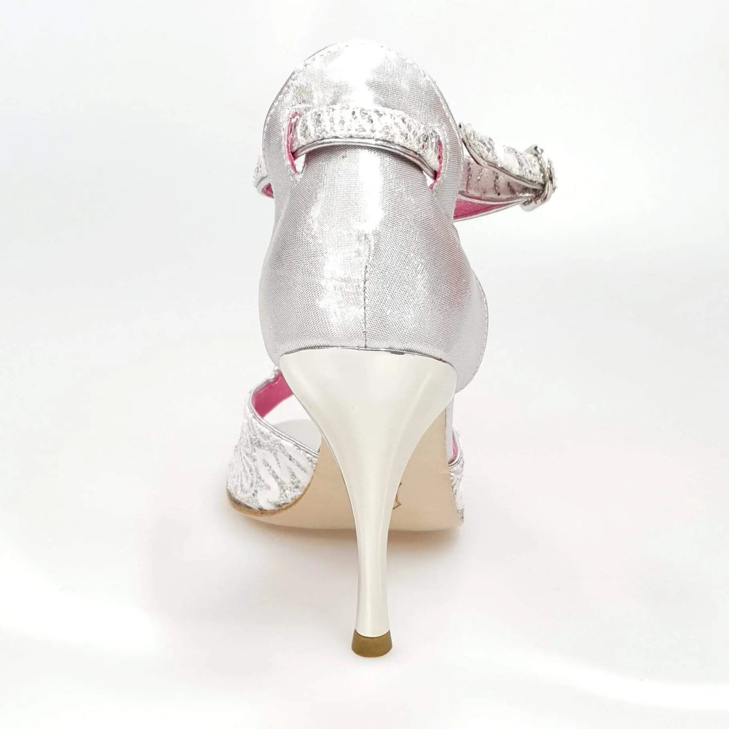 Scarpa da donna Wishdance Sophie (401) in pizzo bianco con glitter e tacco a spillo laminato argento.