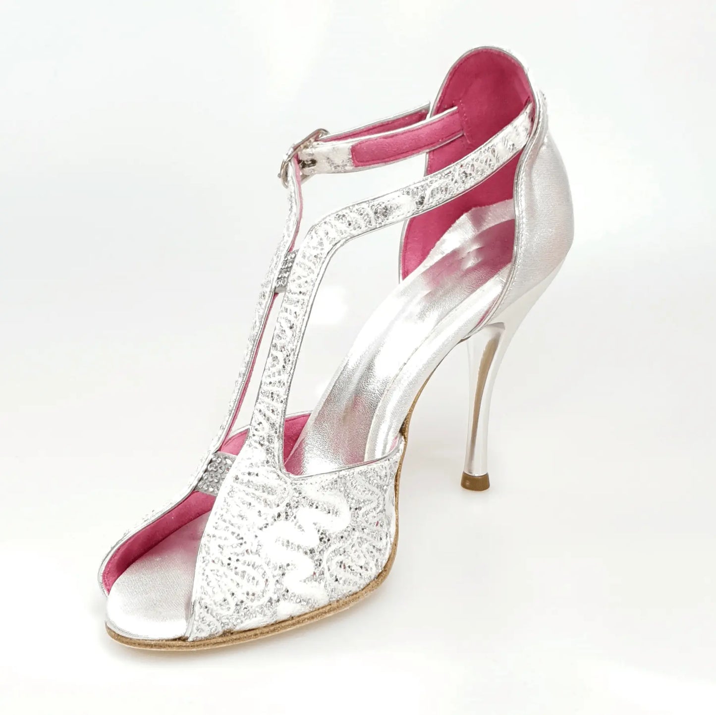 Scarpa donna Wishdance Sophie in pizzo bianco con glitter argento, tallone in lurex argento e tacco a spillo laminato argento