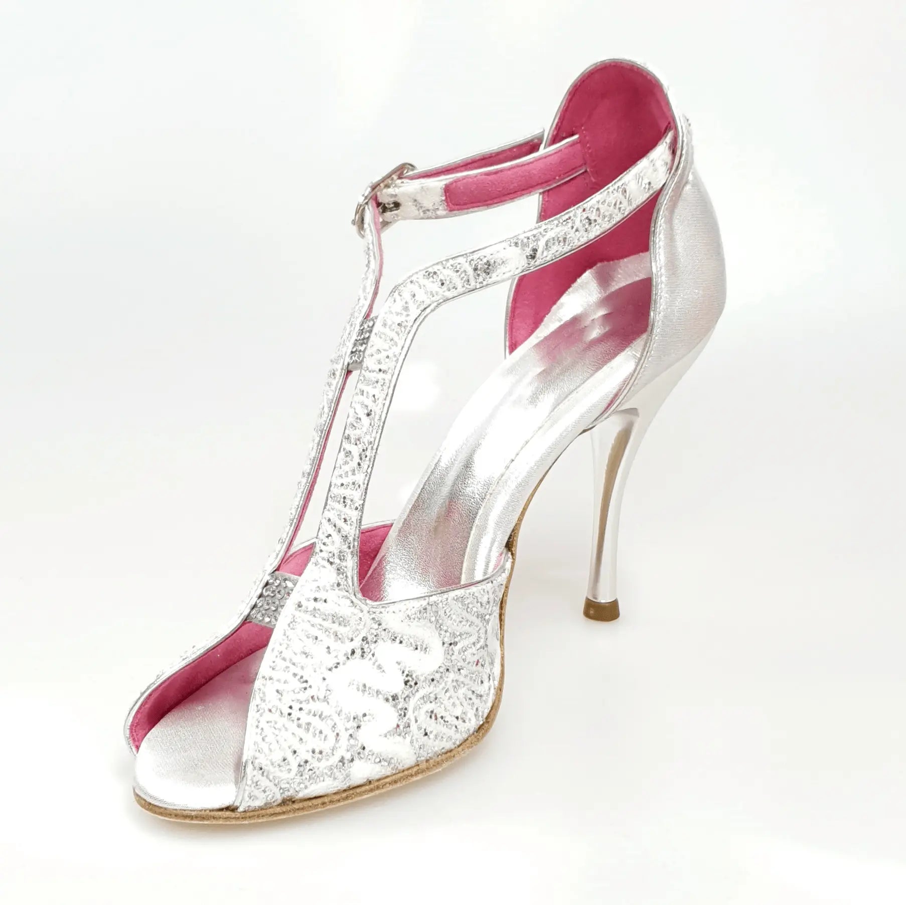 Scarpa donna Wishdance Sophie in pizzo bianco con glitter argento, tallone in lurex argento e tacco a spillo laminato argento