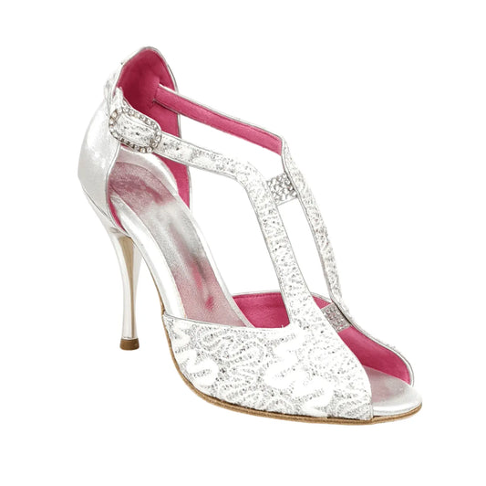 Scarpa da Donna in Pizzo Bianco misto a Glitter Argento Tallone in Lurex Argento Tacco a Spillo Laminato, vista laterale
