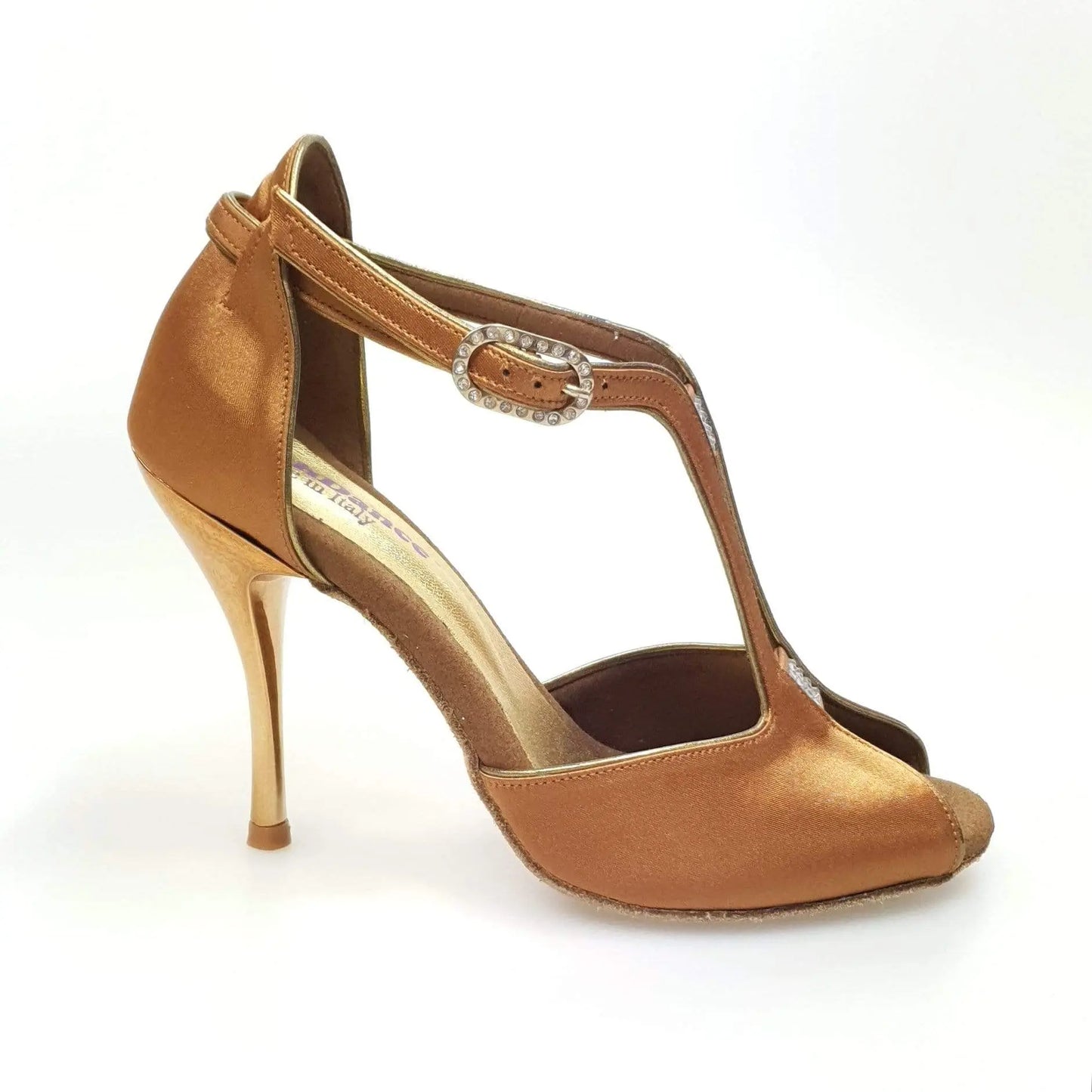 Scarpa da donna Wishdance ELIDE (401) in raso di seta bronzo con tacco a spillo laminato oro ramato, dettagli eleganti e raffinati.