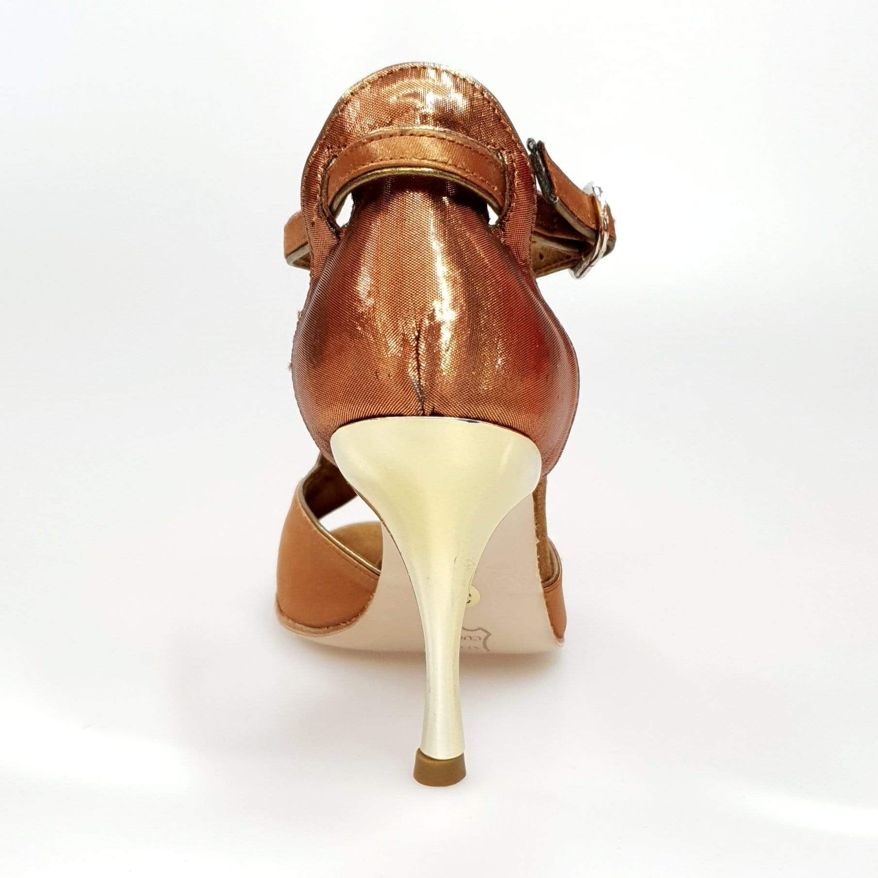 Scarpa da donna Wishdance ELIDE in raso e lurex bronzo con tacco a spillo laminato oro, elegante e raffinata.