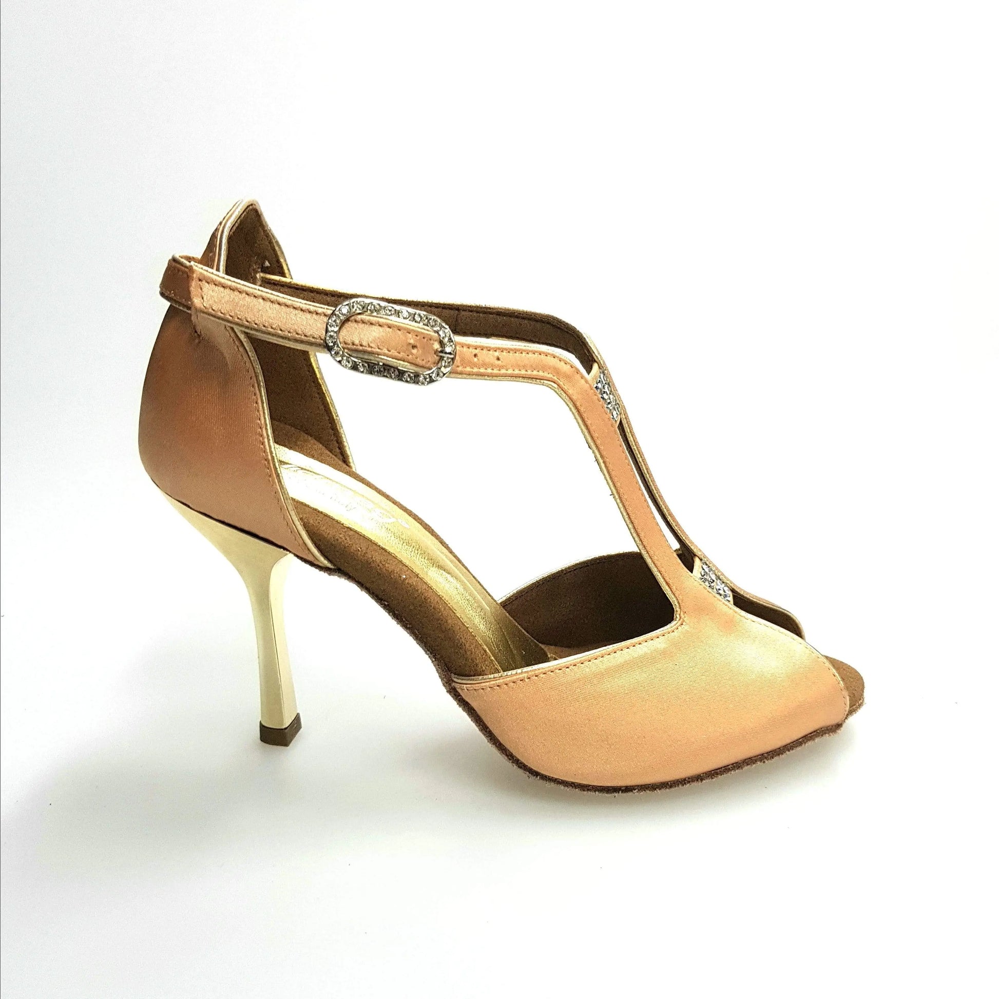 Scarpa da donna Wishdance ELIDE (401) in raso seta carne con tacco stiletto squadrato laminato oro, elegante e raffinata.