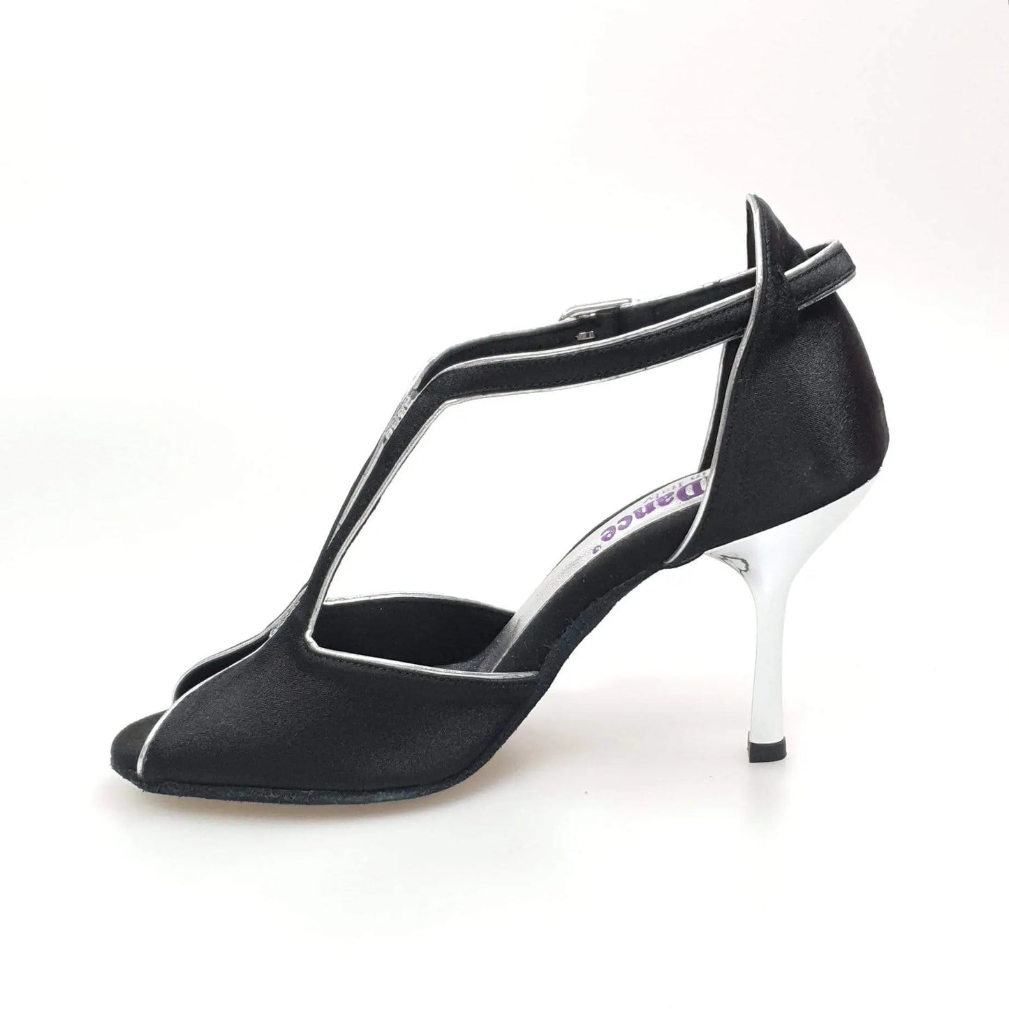 Scarpa da donna Wishdance ELIDE in raso nero con dettagli argento e tacco stiletto laminato argentato.