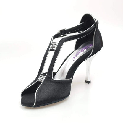 Scarpa da donna Wishdance ELIDE 401 in raso nero con profili argento e tacco a stiletto laminato argento.