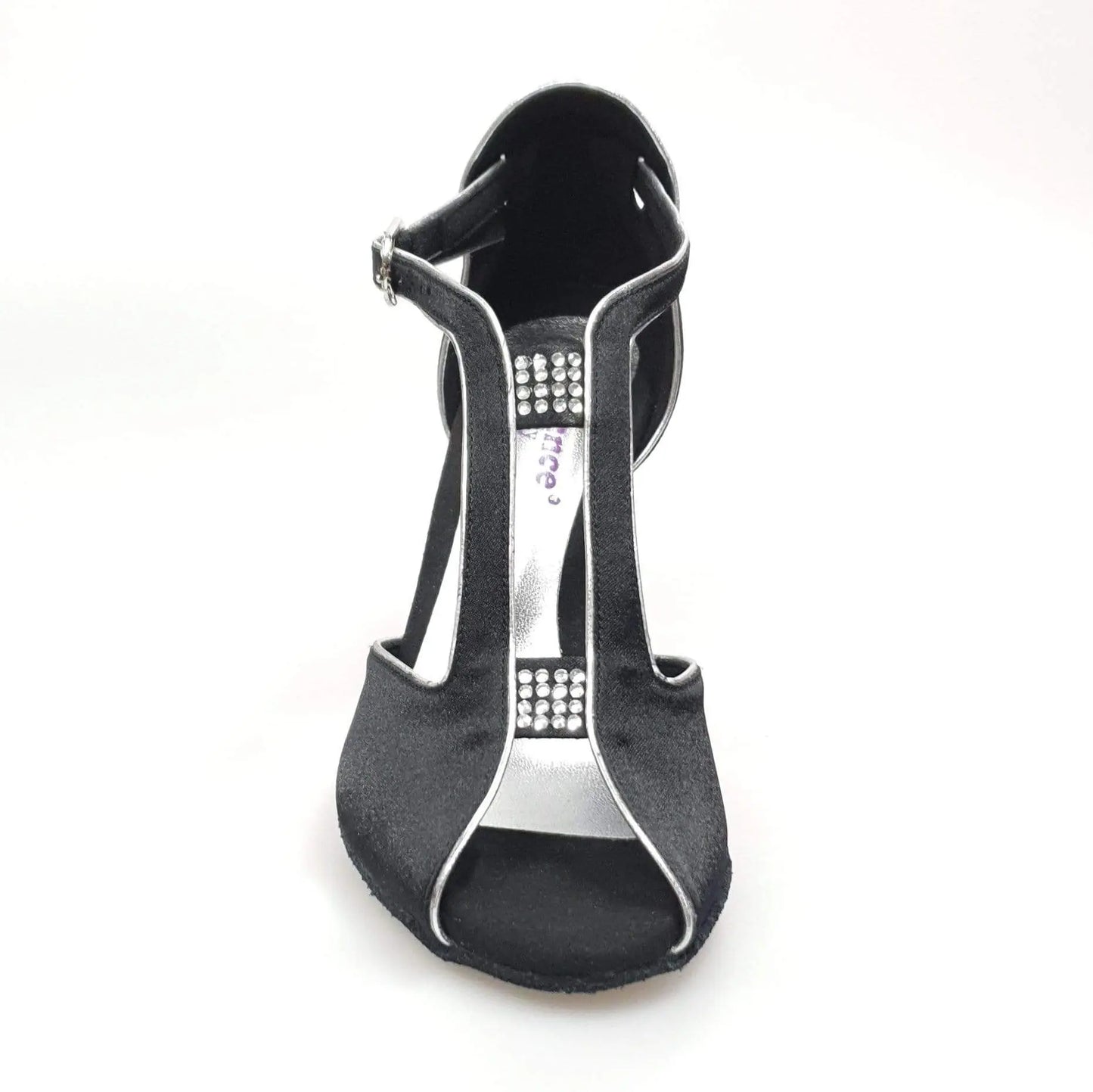Scarpa da donna Wishdance ELIDE in raso nero con dettagli argento e tacco a stiletto laminato argento, elegante e raffinata.