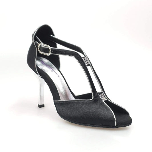 Scarpa da donna Wishdance ELIDE (401) in raso nero con profili argentati e tacco a stiletto laminato argento.
