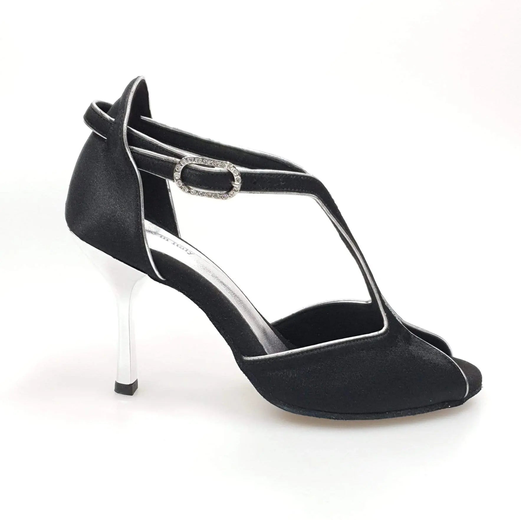Scarpa da donna Wishdance ELIDE (401) in raso nero con profili argento e tacco a stiletto laminato argento.