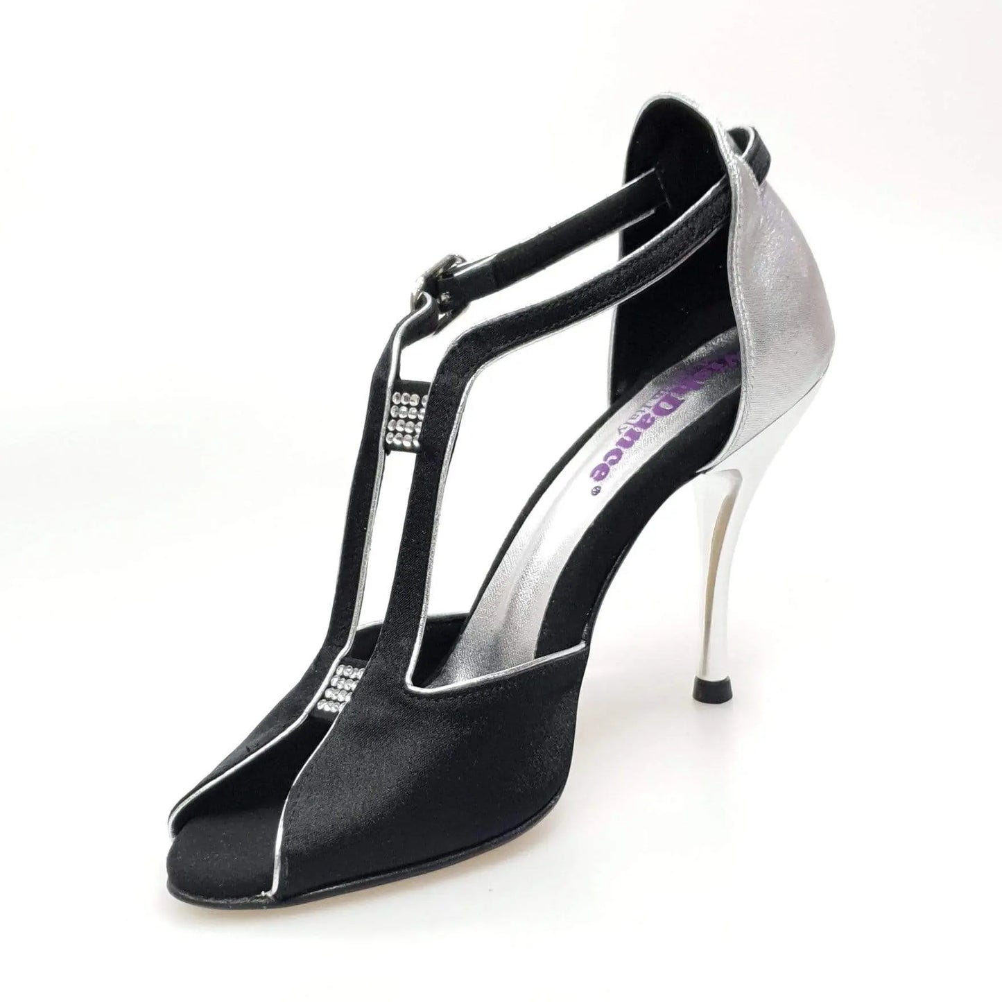 Scarpa da donna Wishdance ELIDE in raso nero e lurex argento, elegante e lucente, con dettagli raffinati e design femminile.