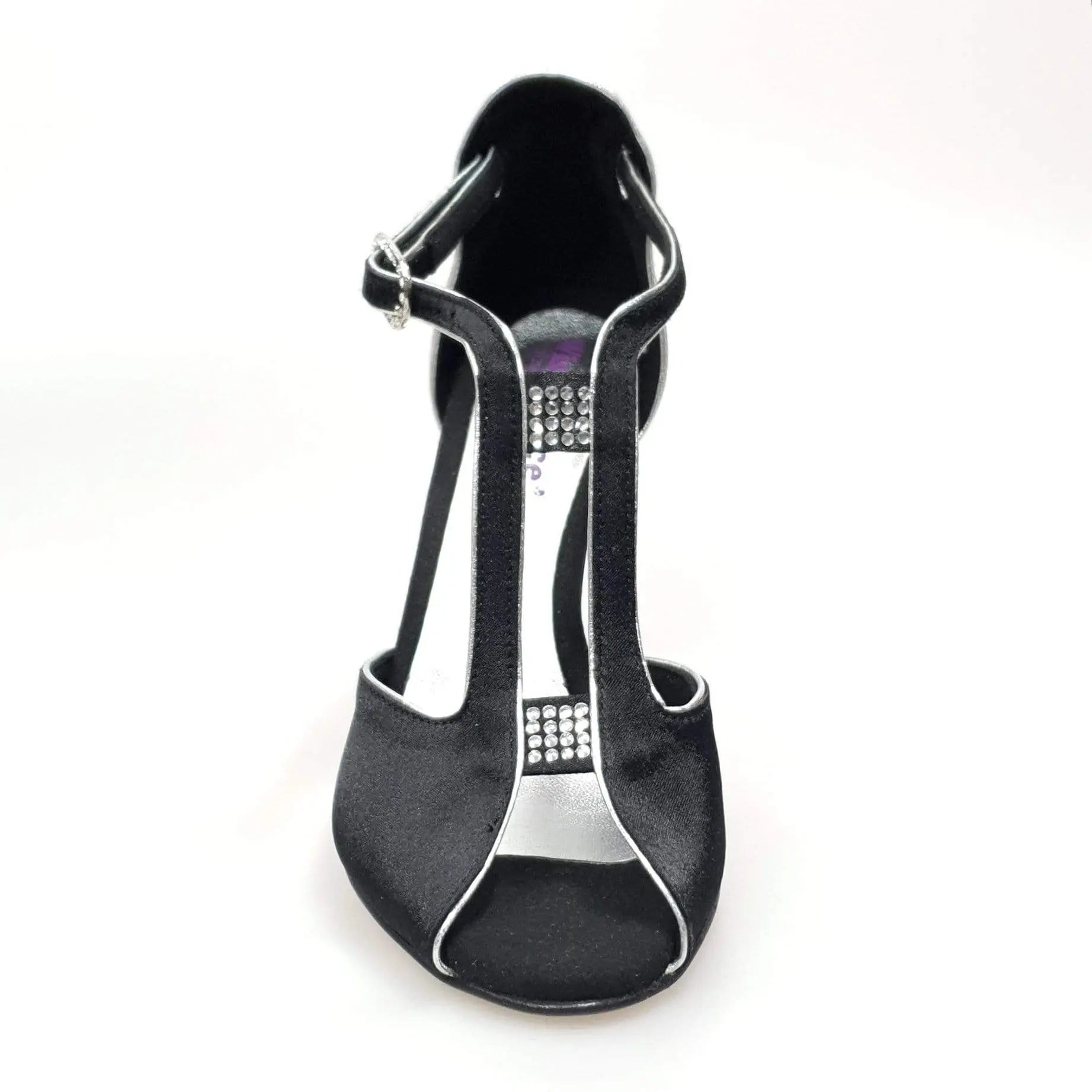 Scarpa da donna Wishdance ELIDE (401) in raso nero e lurex argento, con tacco elegante e finiture lucide
