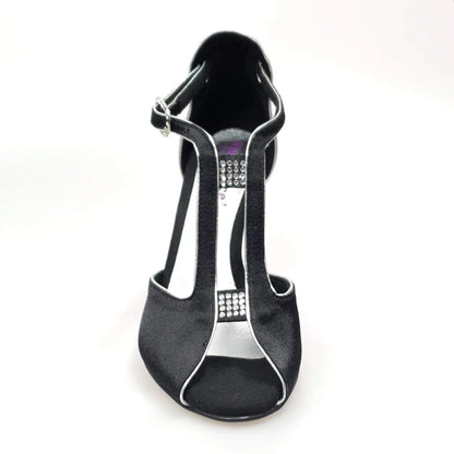 Scarpa da donna Wishdance ELIDE (401) in raso nero e lurex argento, con tacco elegante e finiture lucide