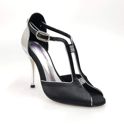 Scarpa da donna Wishdance ELIDE (401) in raso nero con dettagli in lurex argento, elegante e raffinata.