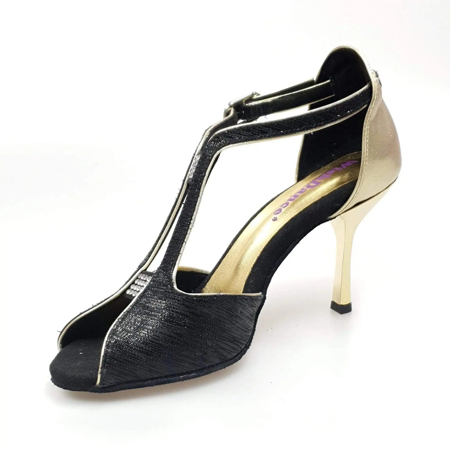 Scarpa da donna Wishdance Fascino (401) in Sofia nero e lurex oro, con dettagli eleganti e design alla moda.