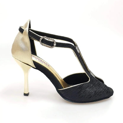 Scarpa da donna Wishdance Fascino (401) in Sofia nero con dettagli lurex oro, elegante e brillante, vista frontale con dettagli lucidi.