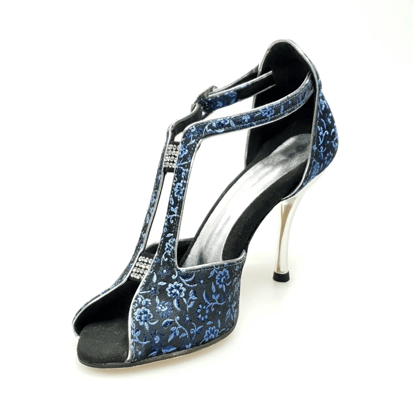 Scarpa da donna Wishdance Fascino (401) in tessuto veneziano blu con tacco a spillo laminato argento, dettagli fiorati.