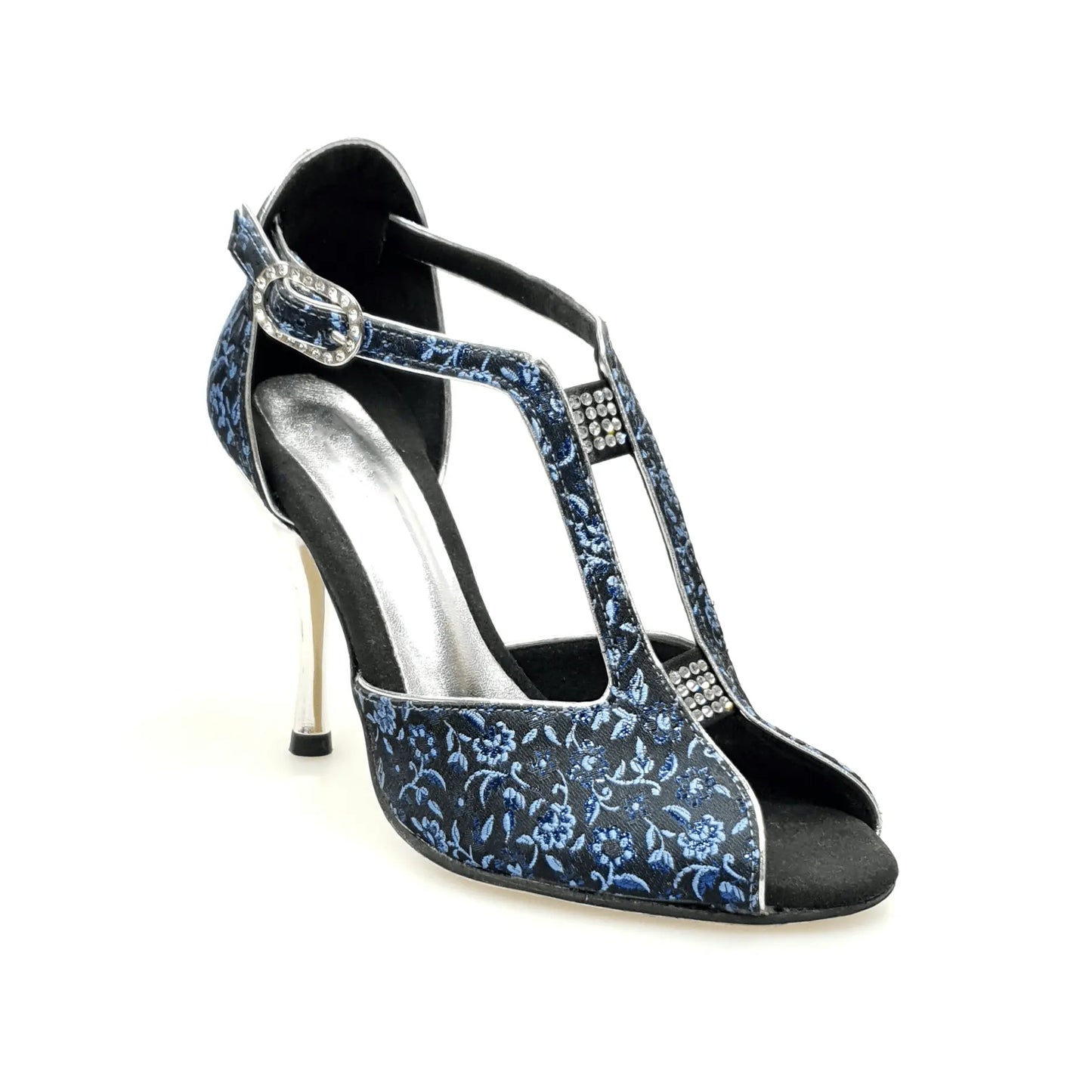Scarpa da donna Wishdance Fascino 401 in tessuto veneziano blu con fiore, tacco a spillo e finiture laminate argento.