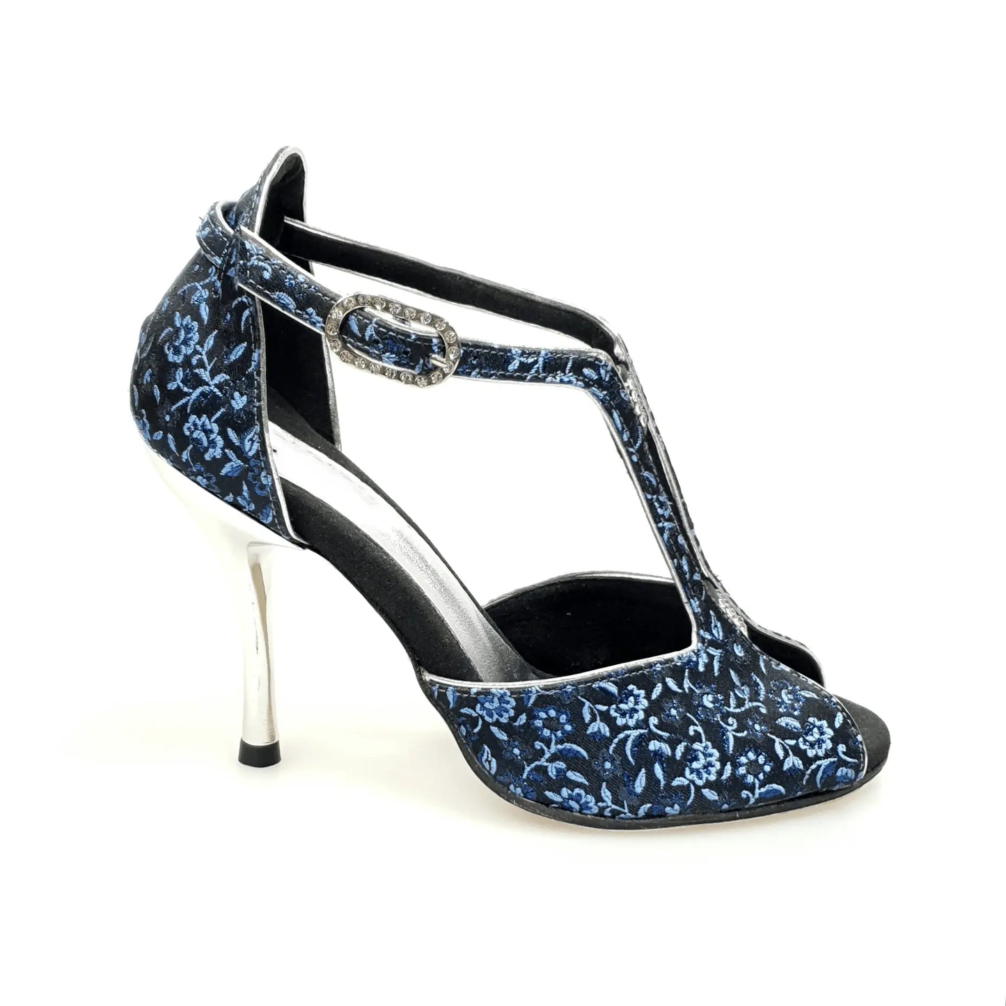 Scarpa da donna Wishdance Fascino (401) in tessuto veneziano fiorato blu con tacco a spillo laminato argento.