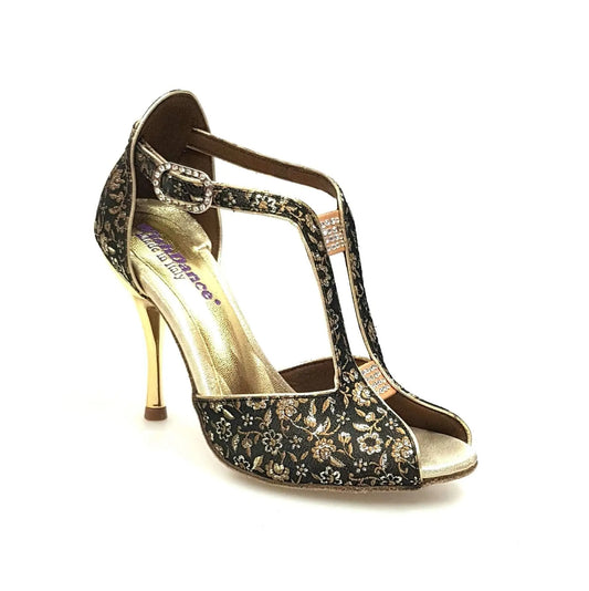 Scarpa da donna Wishdance Fascino (401) in tessuto veneziano fiorato oro, con suola elegante e dettaglio raffinato.
