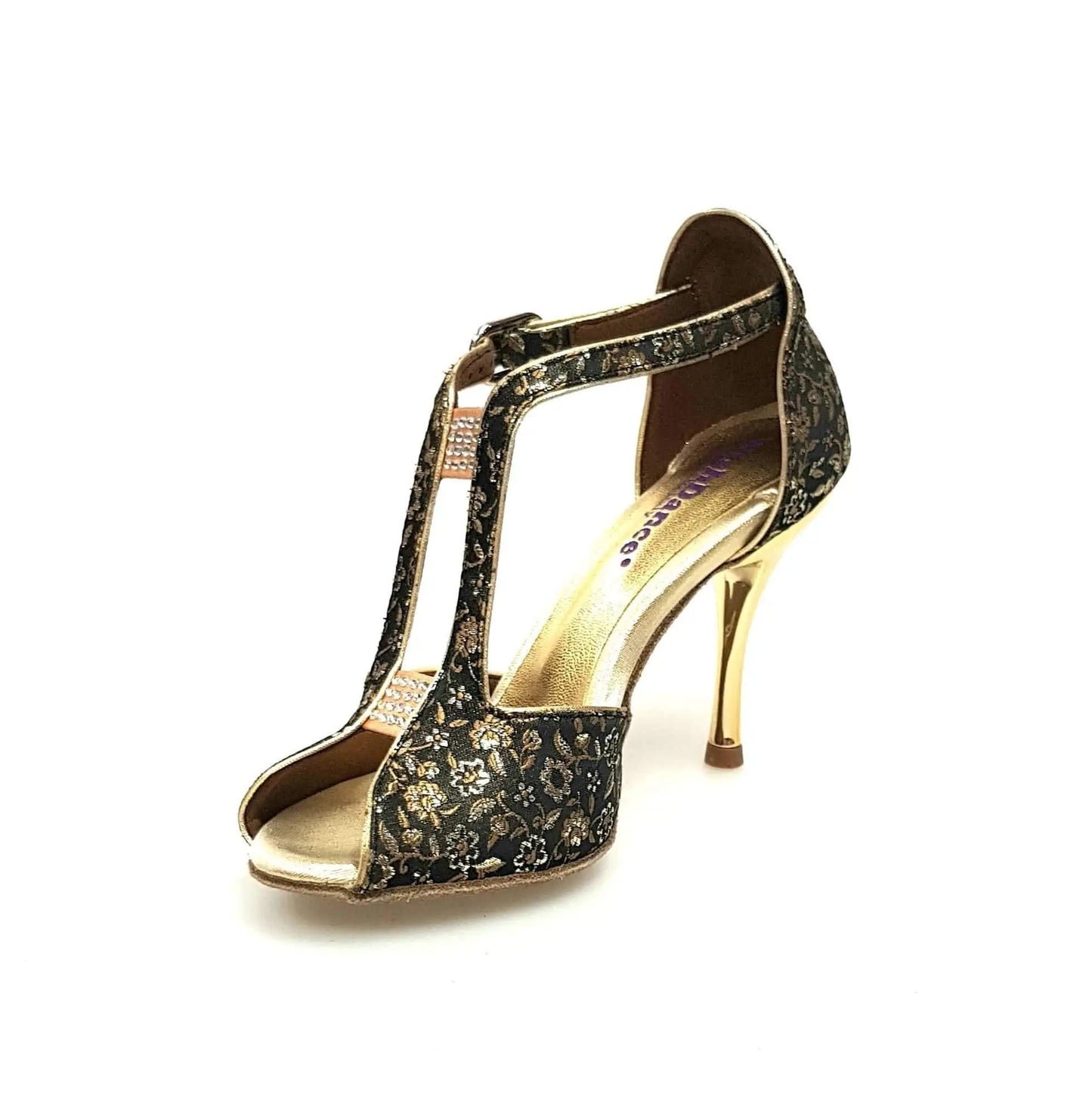 Scarpa da donna Wishdance Fascino (401) in tessuto veneziano fiorato oro con suola elegante e dettagli lucidi.