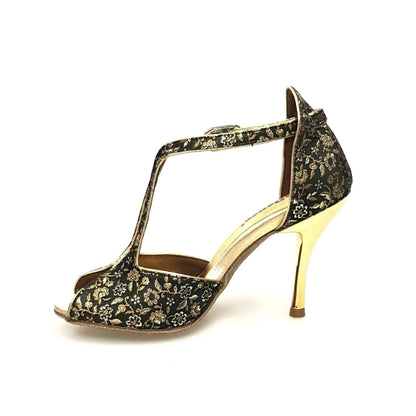 Scarpa da donna Wishdance Fascino (401) in tessuto veneziano fiorato oro, con design elegante e dettagli raffinati.