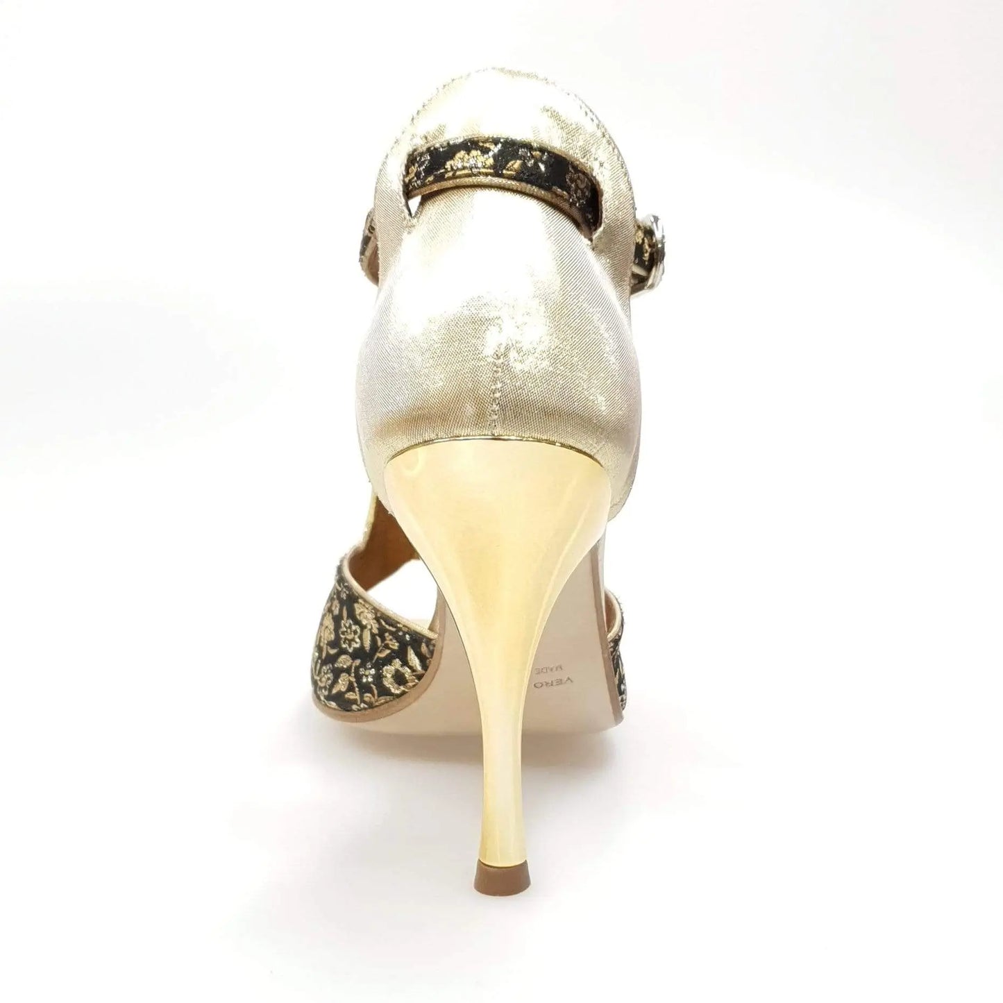 Scarpa da donna Wishdance Fascino (401) in tessuto veneziano fiorato oro con tallone in lurex oro.