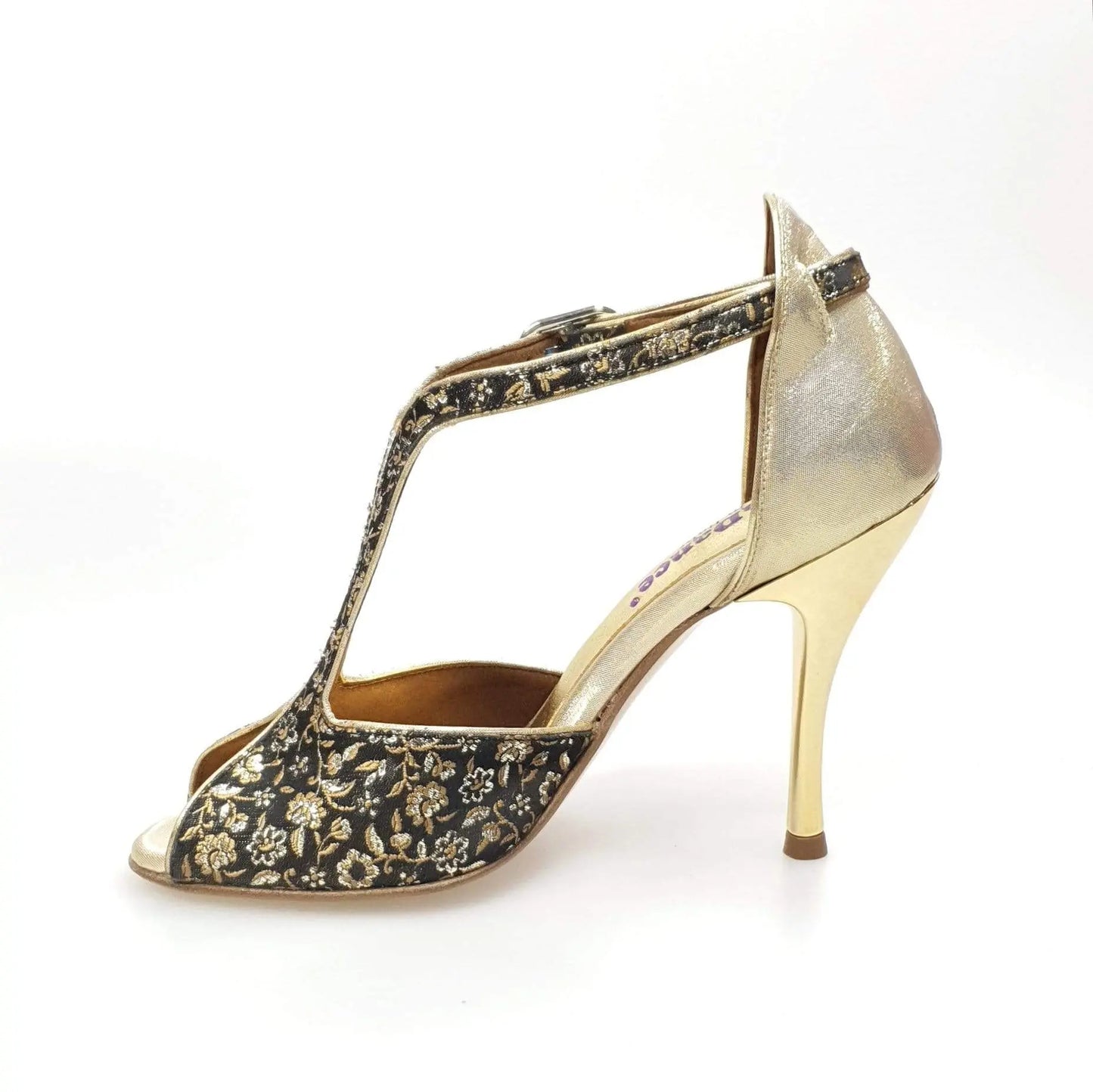 Scarpa da donna Wishdance Fascino (401) in tessuto veneziano fiorato oro con tallone in lurex oro, elegante e brillante.