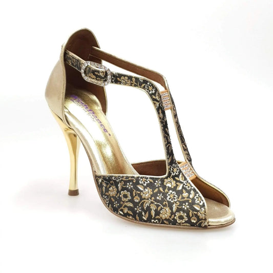 Scarpa da donna Wishdance Fascino (401) in tessuto veneziano fiorato oro con tallone in lurex oro, elegante e brillante.