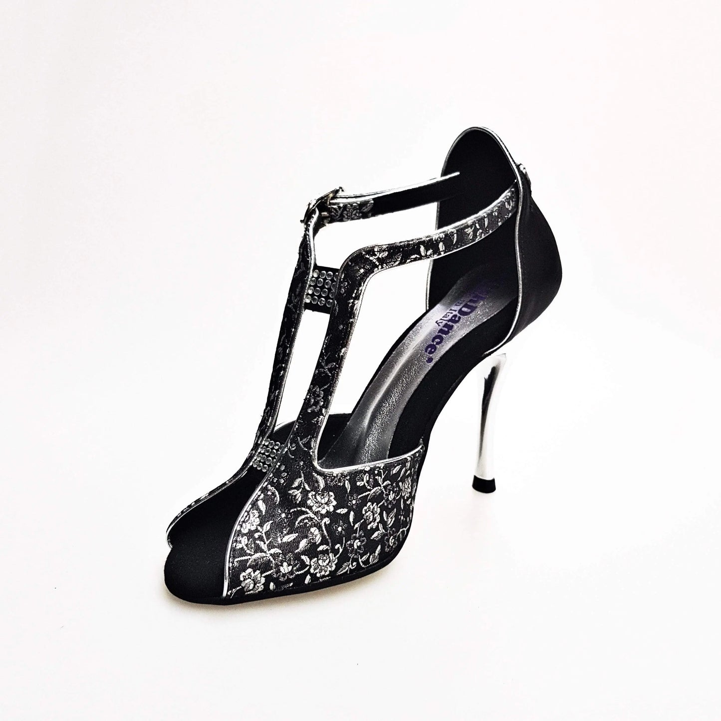 Scarpa da donna Wishdance Fascino (401) in tessuto veneziano fiorato silver e lurex nero, con dettagli eleganti e lucenti.