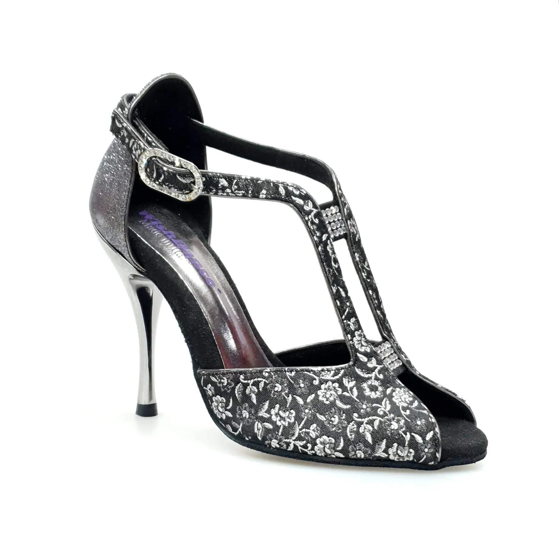 Scarpa da donna Wishdance Fascino (401) in tessuto veneziano fiorato argento con tacco glitter in oro, elegante e alla moda