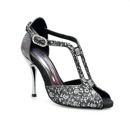 Scarpa da donna Wishdance Fascino (401) in tessuto veneziano fiorato argento con tacco glitter in oro, elegante e alla moda