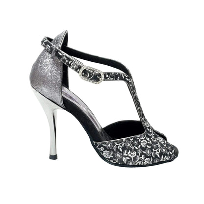Scarpa da donna Wishdance Fascino (401) in tessuto veneziano fiorato silver con tallone in glitter, elegante e brillante.